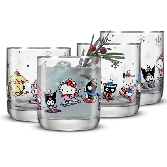 Hello Kitty and Friends Glasses Set of 4 Short Glasses Silver Rim Brand New - Picture 2 of 7